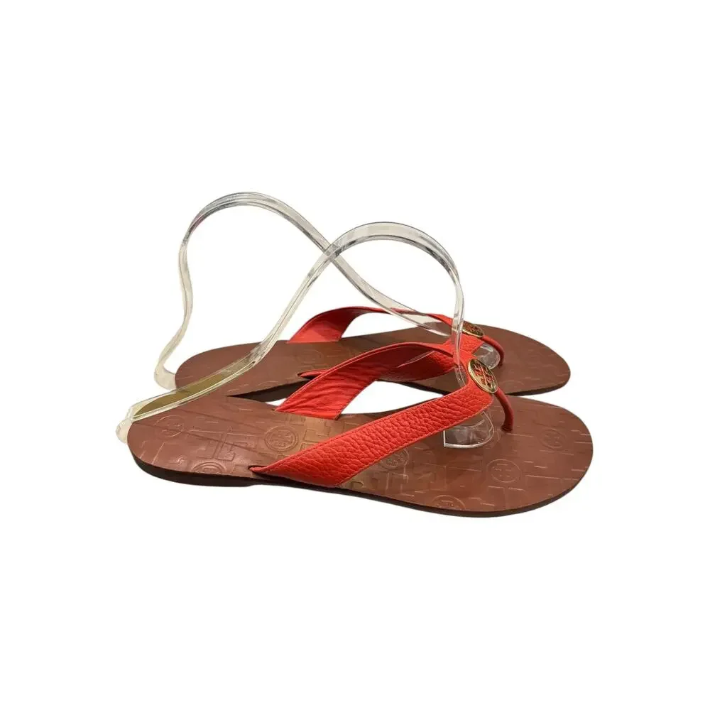 Tory Burch Thora Logo Medallion Leather Flip Flop Sandals Orange Sz 9M